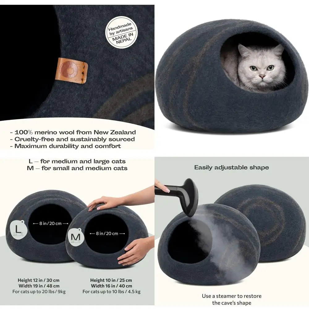 

Кровать-пещера для кошек из мериносовой шерсти ручной работы, большая серая шиферная кровать для кошек и котят