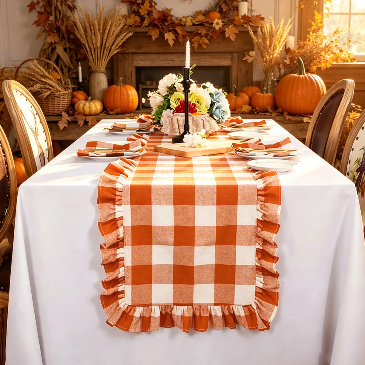 Drapeau de table à volants à carreaux orange et blanc, réutilisable, lavable, adapté à la décoration de fêtes, de restaurants, de cuisines et de salles à manger