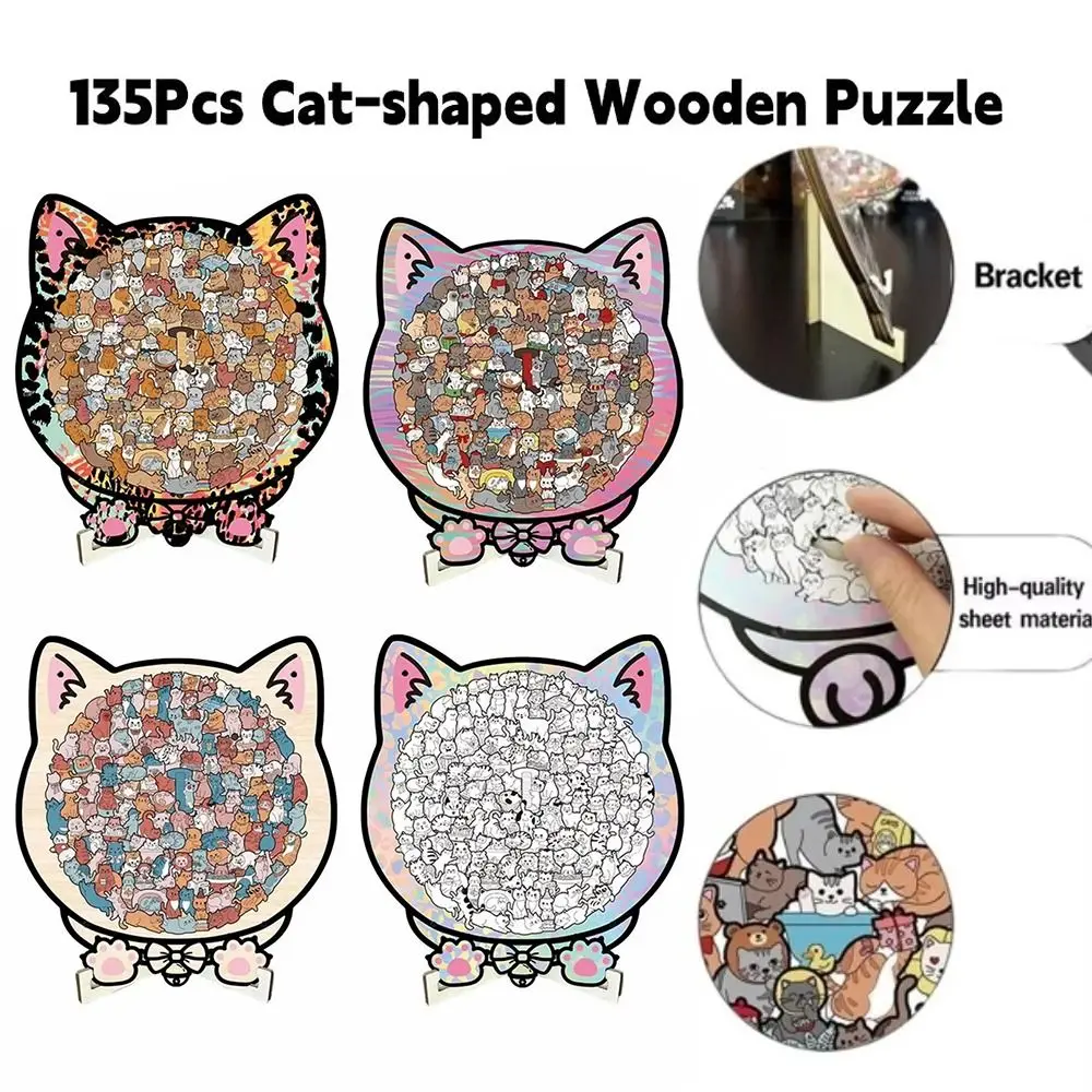 135-piece Morandi-colored Cat-shaped Puzzle Macaron Color with Cat Silhouette Frame Cat Wooden Jigsaw Puzzle