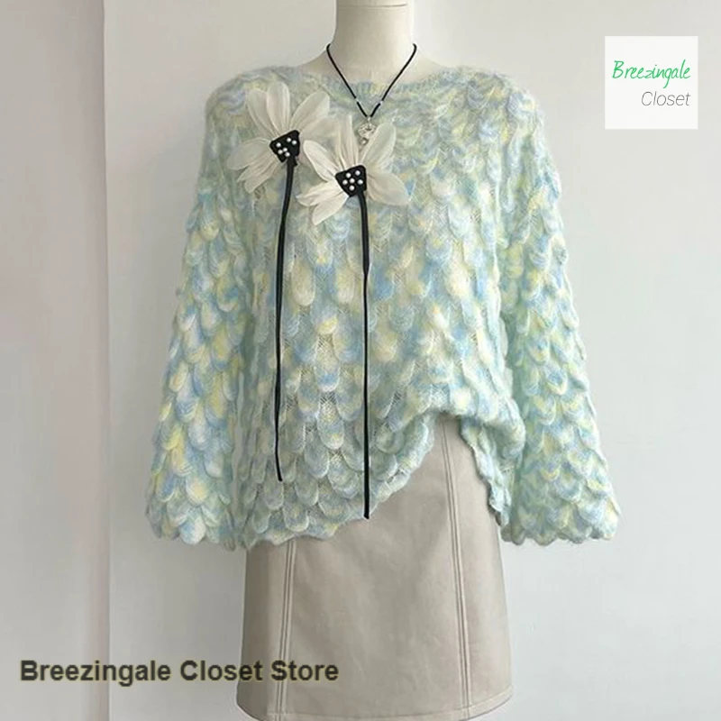 

French lazy wind gradient sweater women's spring and autumn new loose western-style three-dimensional flower round neck pullover
