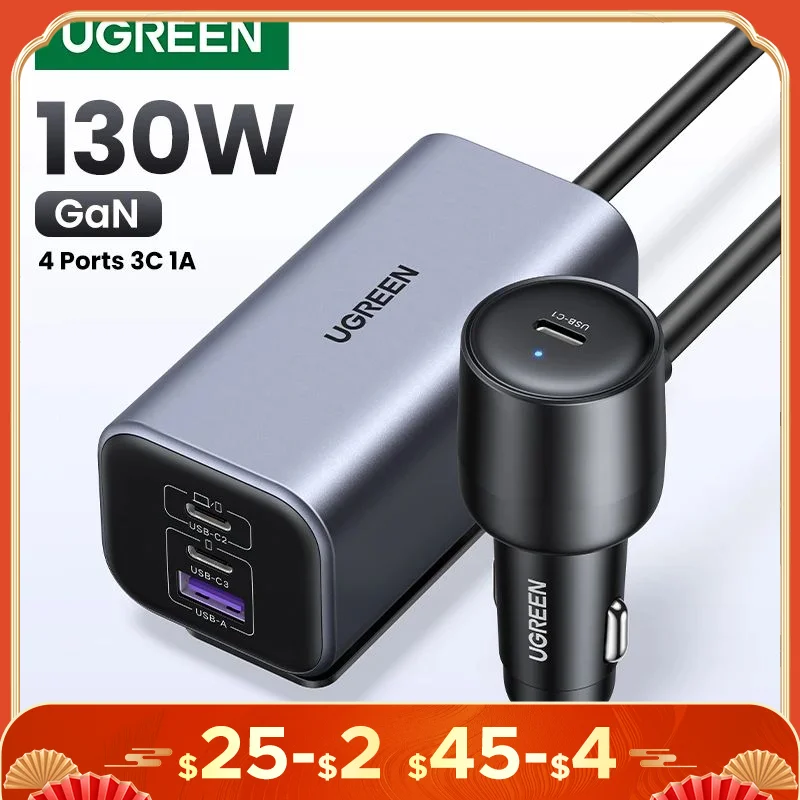 

UGREEN Car Charger 130W Fast Charge Extender 4 USB Devices GaN Charger for iPhone 16 15 USB C Charger for iPad Notebook