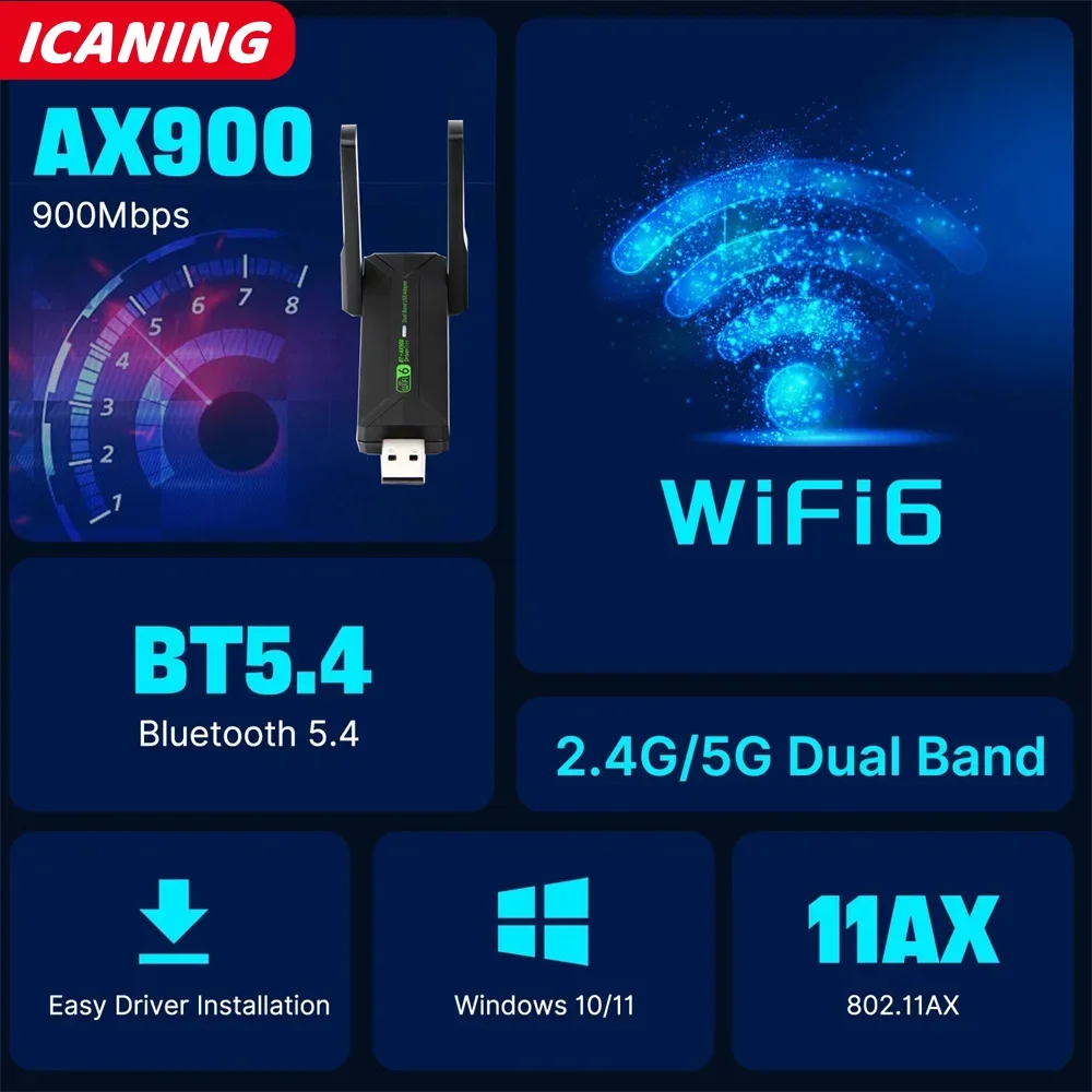 

WiFi 6 AX900 USB Adapter Bluetooth 5.4 2.4G 5G Antennas WiFi6 USB Network Receiver Dongle Driver Free