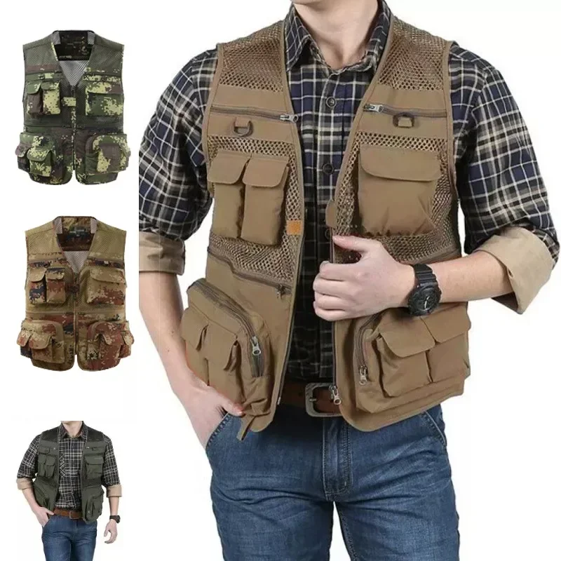 

Men's Outdoor Fishing Vest Summer Solid Color Multi-Pocket Casual Mesh Breathable Sleeveless Hiking Zipper Jacket Vest