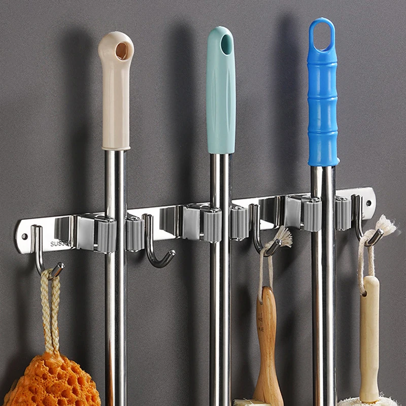 Stainless Steel Wall-Mounted Mop Rack Stylish and Simple Hole-Free Wall-Mounted Storage Clip