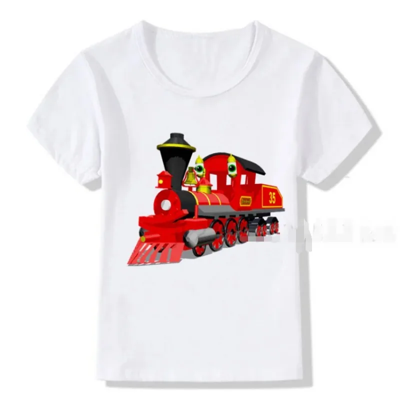 Camiseta blanca con dibujos animados para bebé, ropa divertida de tren de carga, a la moda ropa de calle, Tops para niños