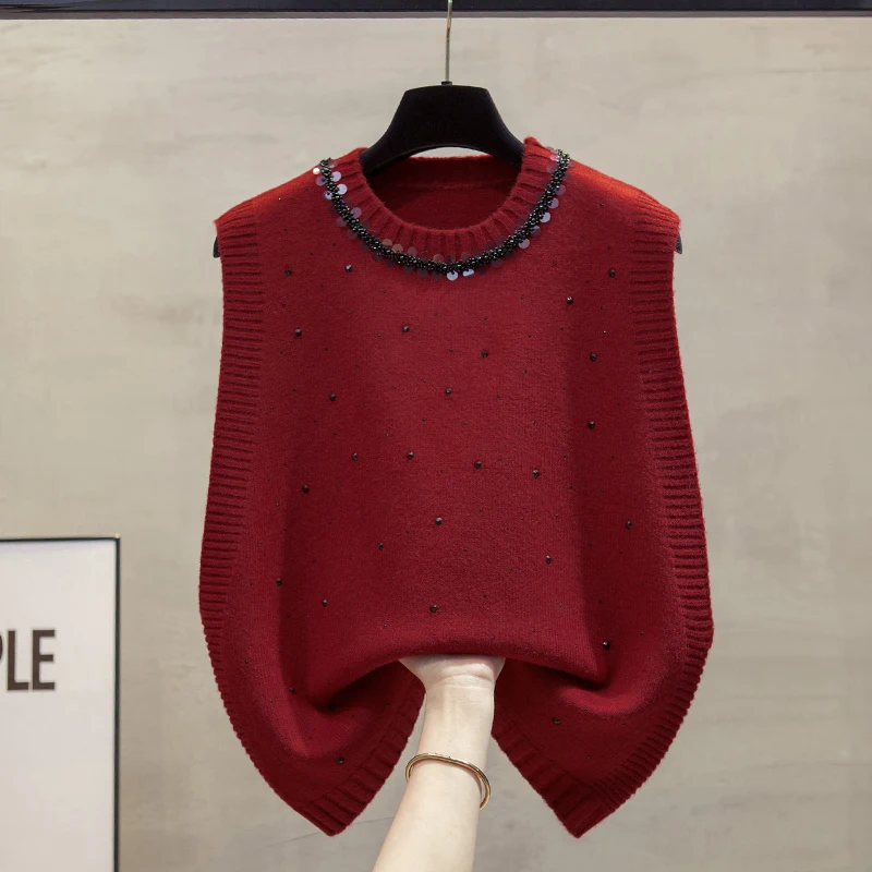 

Loose Knitted round Ne Vest Women's Faion Outerwear Tank Top Spring Autumn New Sle Diamond Embellied Tead Trimming