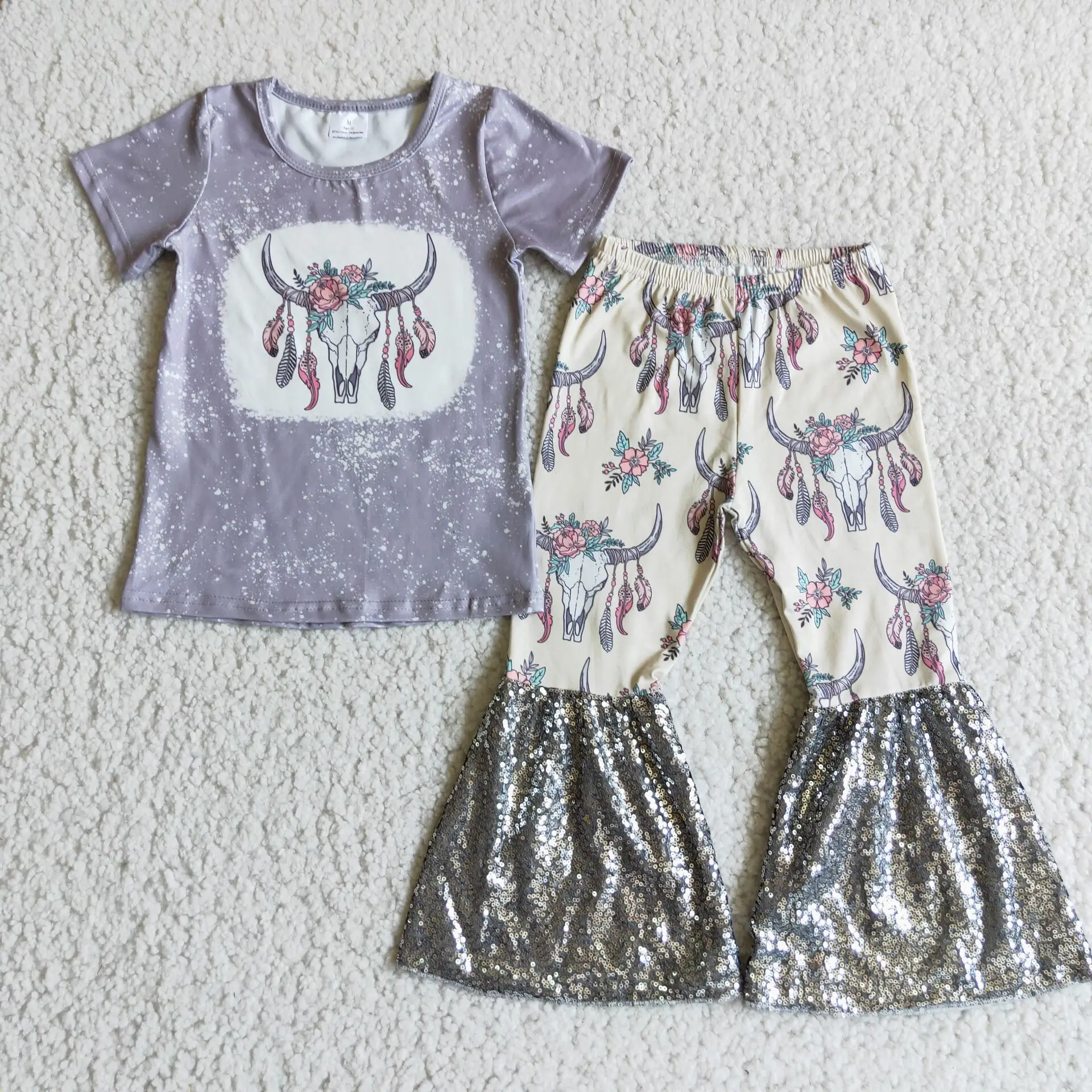 Z1011-24 Wholesale Summer Short Sleeve Pants Suit Flared Pants Multi-Element Round Neck Pattern Bright Colors