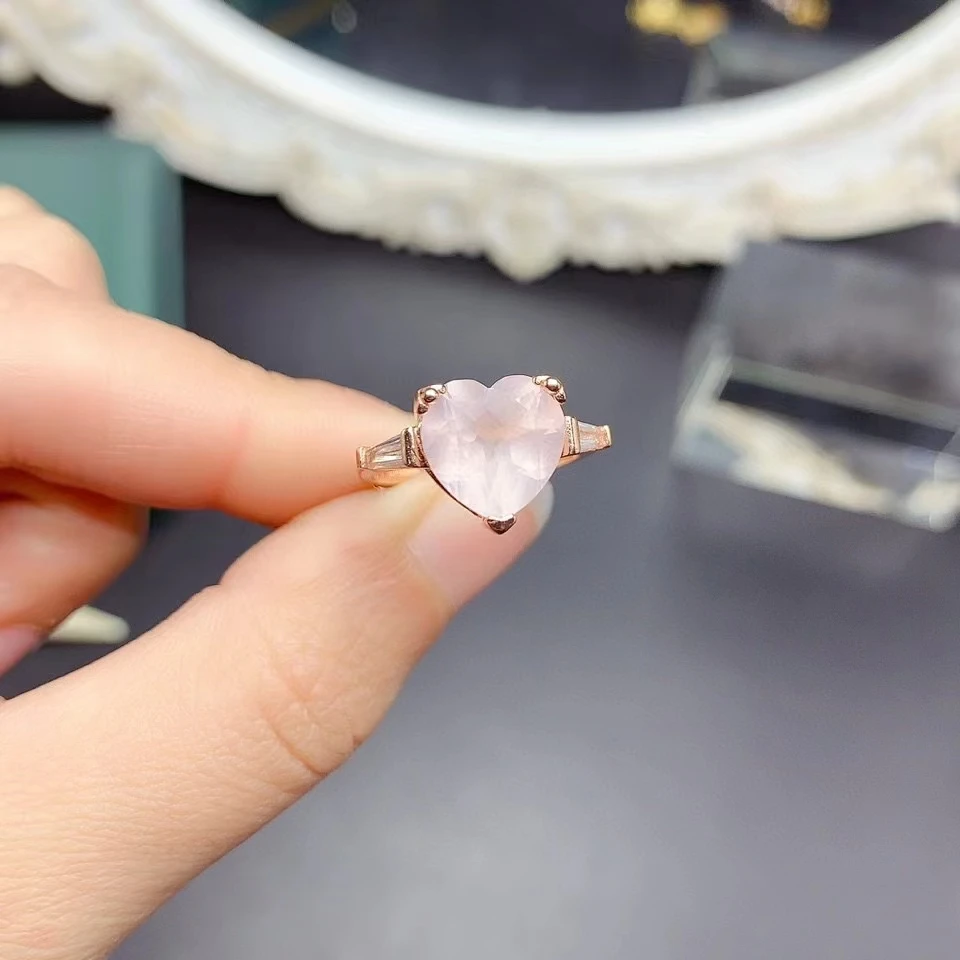 4ct 10mm Natural Rose Quartz Ring for Woman Romantic Heart Shape Rose Quartz 925 Silver Ring 3 Layers 18K Gold Plated Jewelry