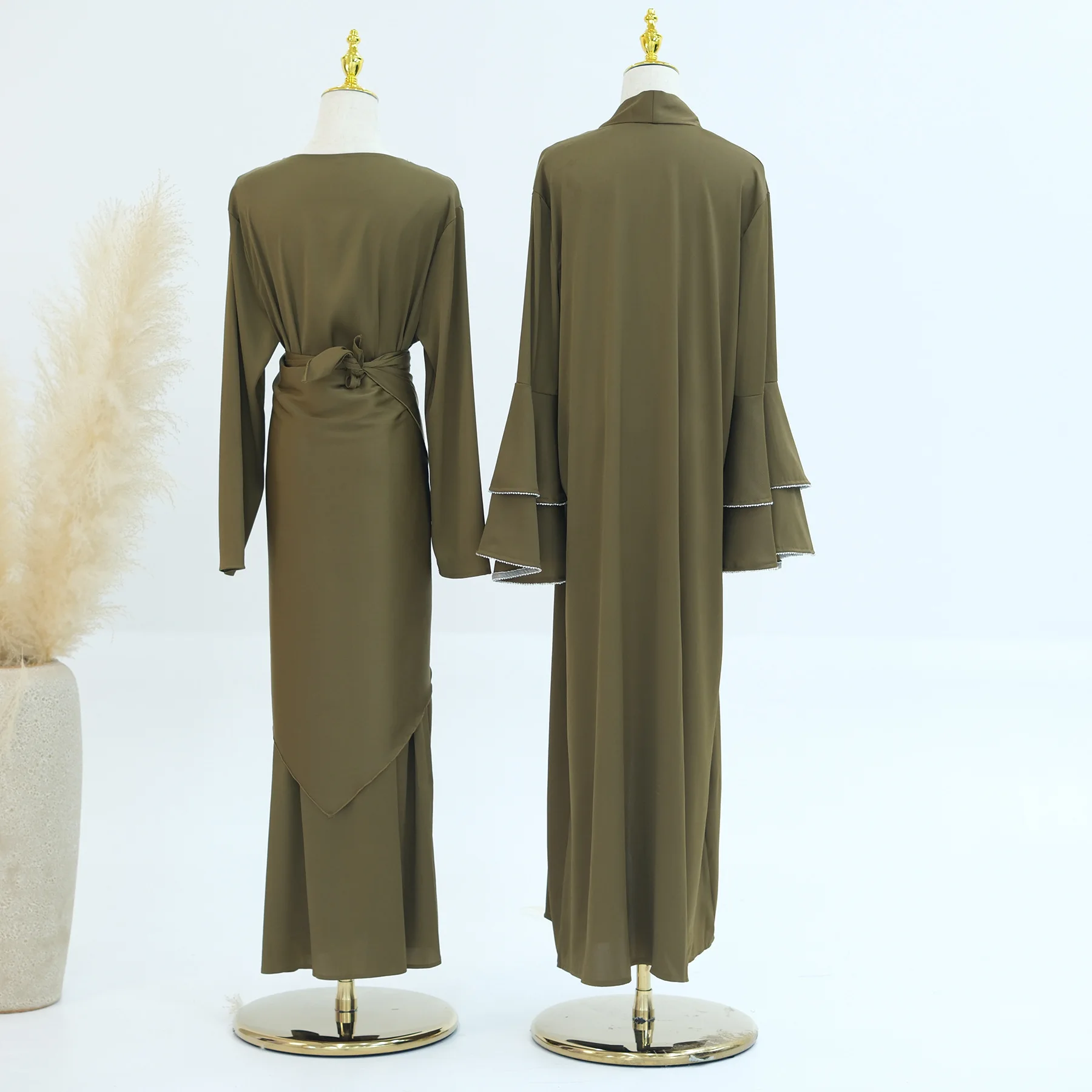 

Арабский Дубай Мусульманская Абая для женщин Ид Платье Комплект из 3 предметов Алмазный Марокко Рамадан на шнуровке Кафтан Ислам Молитвенный Кардиган Длинный халат