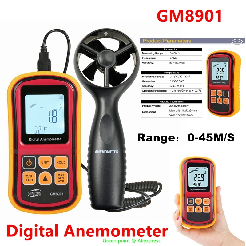 

5PC Portable GM8901 Mini Digital LCD Backlight Display Anemometer 0-45M/S Wind Speed Gauge Temperature Measure Anemometer Sensor