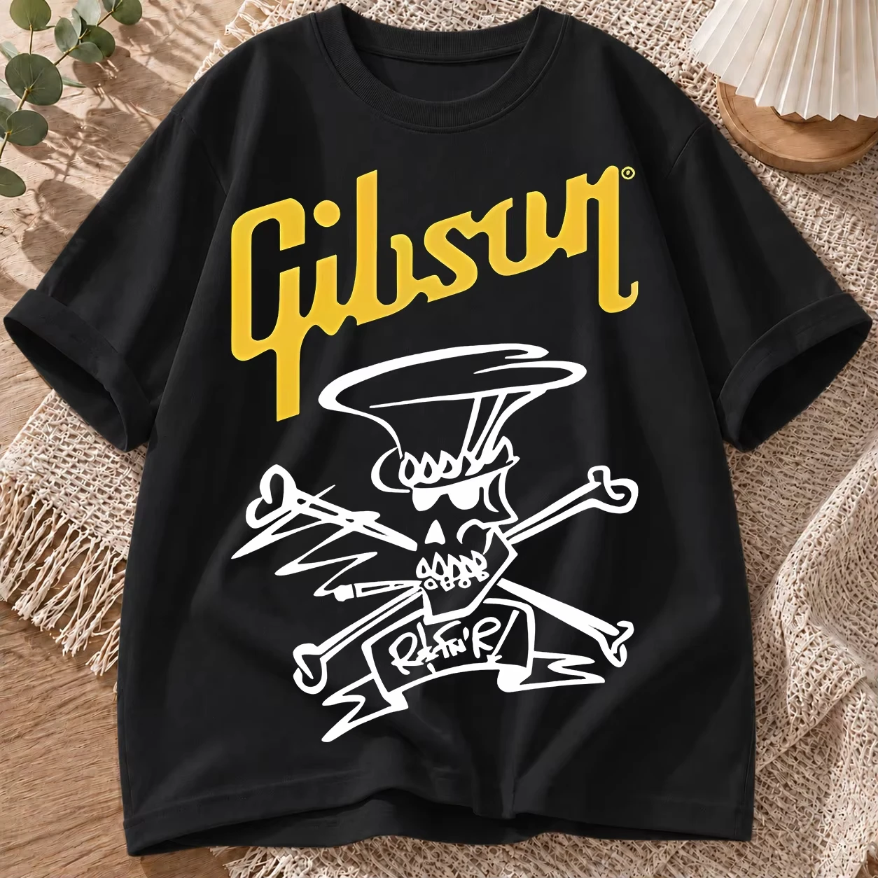 American Rock Skull Guitar Vintage Graphic Cotton Tee Unisex Crew Neck Short‑Sleeve Retro Rock Streetwear Summer Casual Tops
