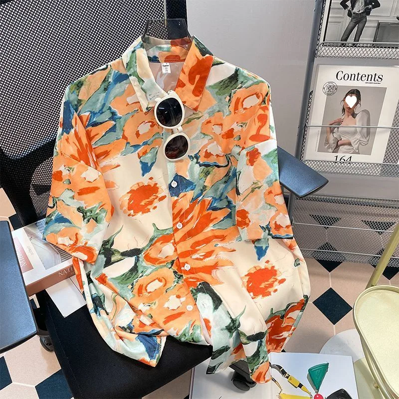 Men Street Fashion Summer Daily Shirt Hawaiian Cartoon Print Casual Loose Shirts Short Sleeve Beach Loose Tops