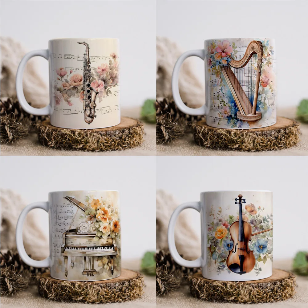 Music Theme Ceramic Mug, Violin, Piano, Harp, Saxophone Pattern Water Cup
