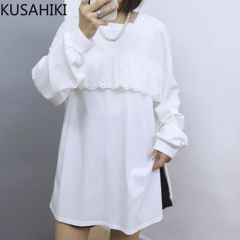 KUSAHIKI Medium Length Long Sleeved Causal Round Neck Patchwork Lace T-shirt for Women Autumn 2024 New Graphic T Shirts