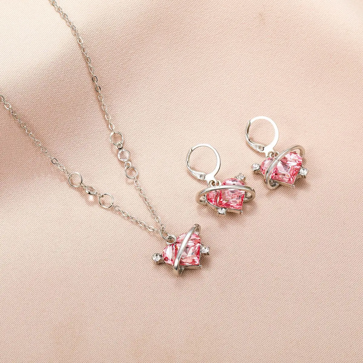 harong 3PCS/Set Y2k Heart Crystal Zircon Earrings Necklace Fashion Exquisite Pink Jewelry Collar Accessories Gift for Women Kids