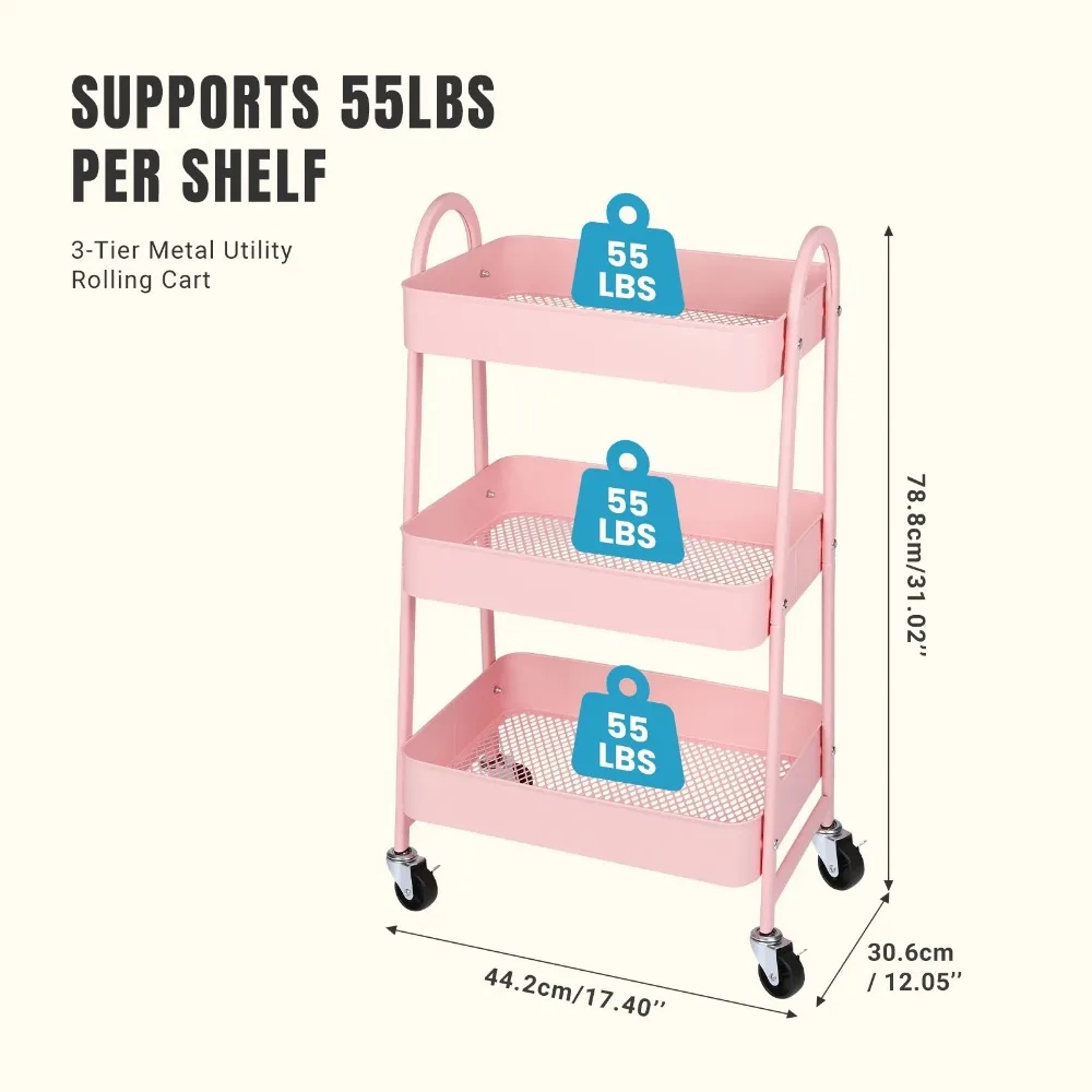 عربة أدوات بلاستيكية متدحرجة من 3 طبقات بمقبض، عربة تخزين متعددة الوظائف للمكتب وغرفة المعيشة والمطبخ مع عجلات