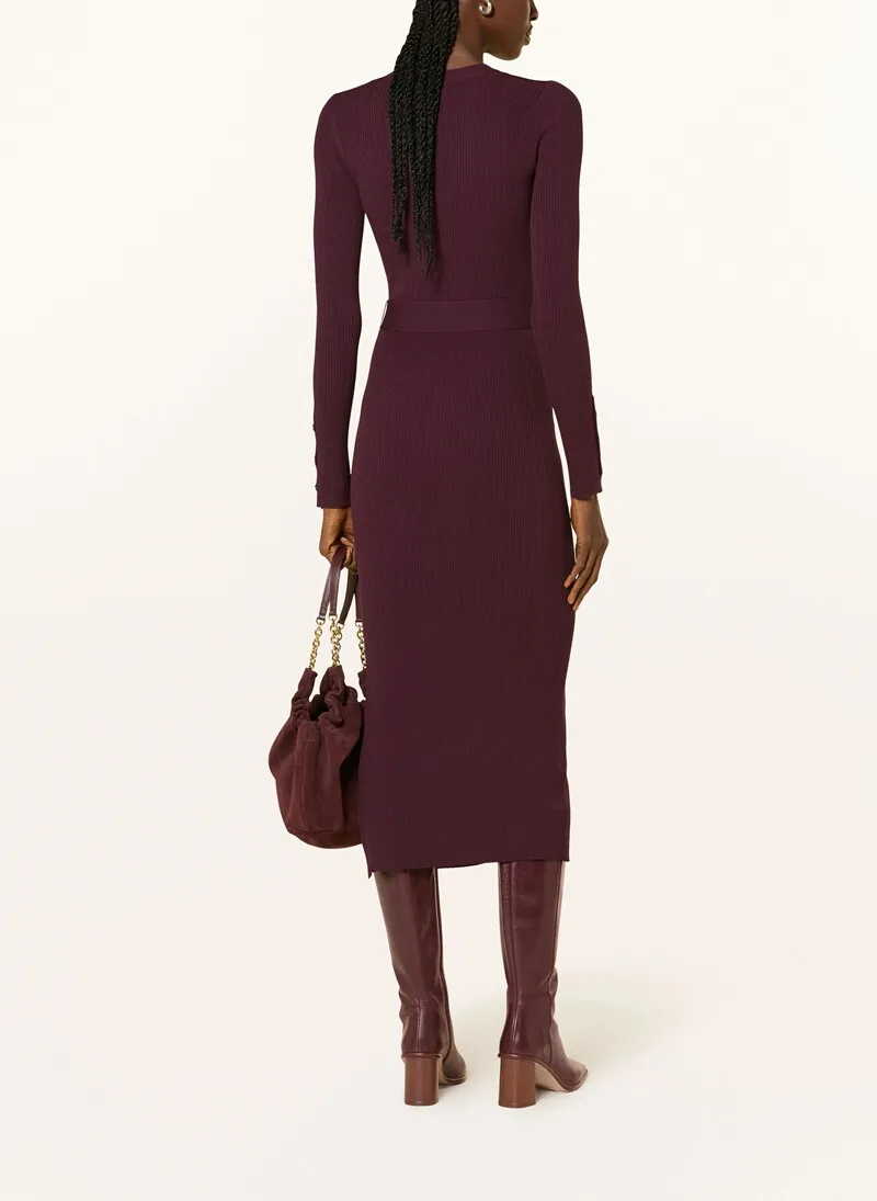 UK Fashion O Neckline Color Block Split  Belted Sleeves Bodycon Midi Dress XS S M L