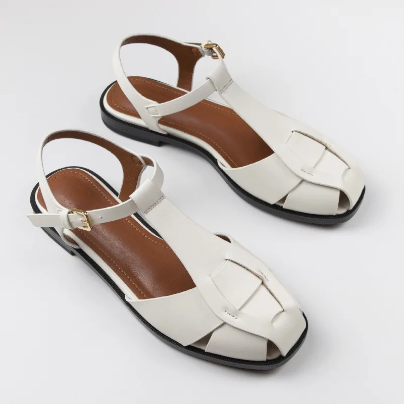 Sexy Hollow Narrow Band Flat Sandal Women Fashion Metal Ankle Buckle Design Brand Gladiator Sandal Cozy Lightweight Beach Sandal