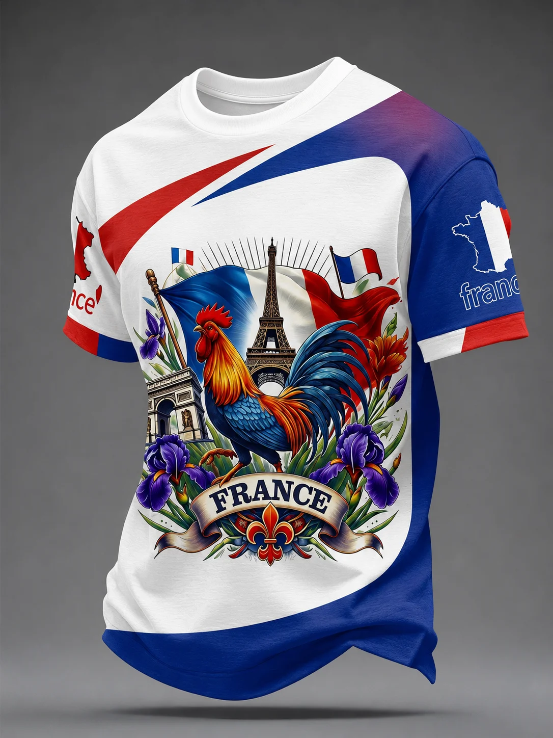 Men Les Bleus Soccer T-Shirt Large Blue Rooster Graphic French Flag Stripe Color Block Football Fan Short Sleeve Tee view 3