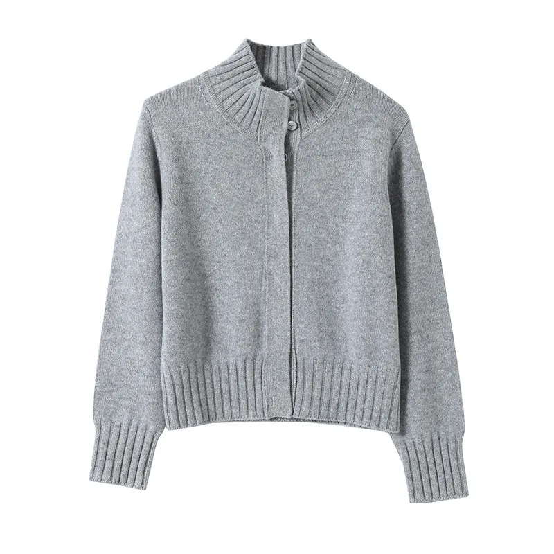 High Neck Knitted Wool Cardigan Women Loose Fit Hidden Button Cardigans