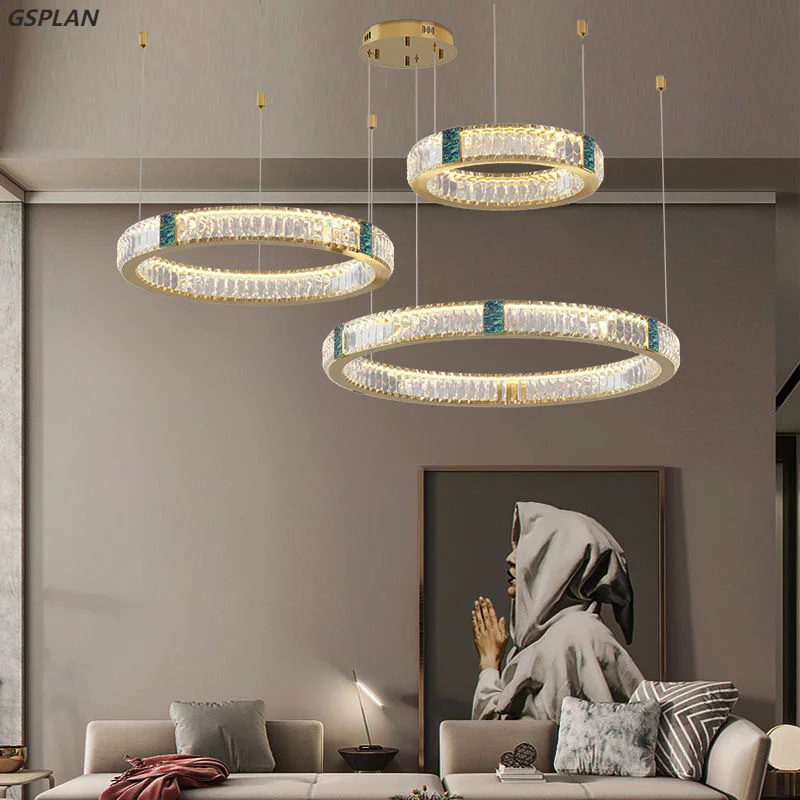 Modern Circular Crystal Chandelier Chrome-plated Ring LED Ceiling Chandelier Restaurant Kitchen Island Decoration Hanging Lamp