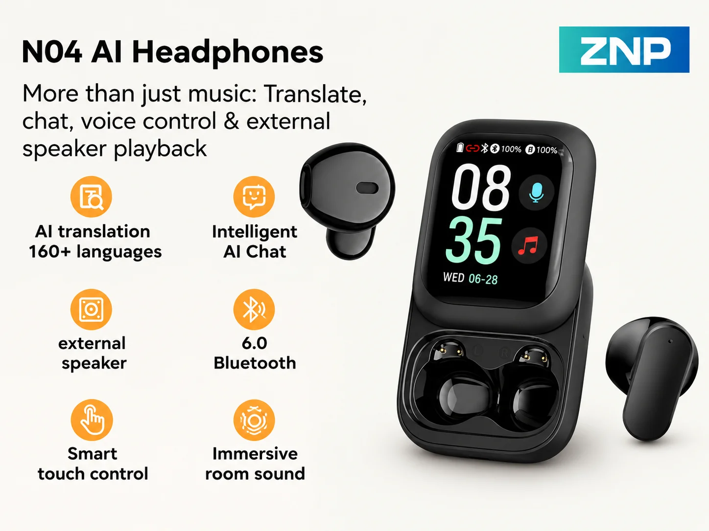 znp-n04：言語音声翻訳機能搭載、完全ワイヤレスイヤホン、lcdタッチスクリーン、bluetooth-60対応、aiアシスタント内蔵、twsイヤホン。