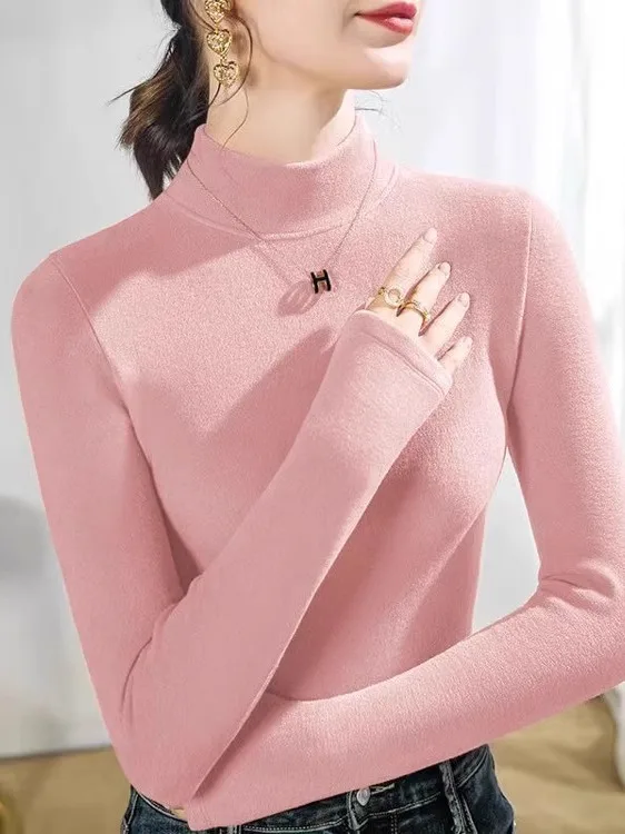 

Thiened Double-sided Camere High-ne Long-sve Women's Base irt Warm Knitted Top Faionable Commute Sle T-irt