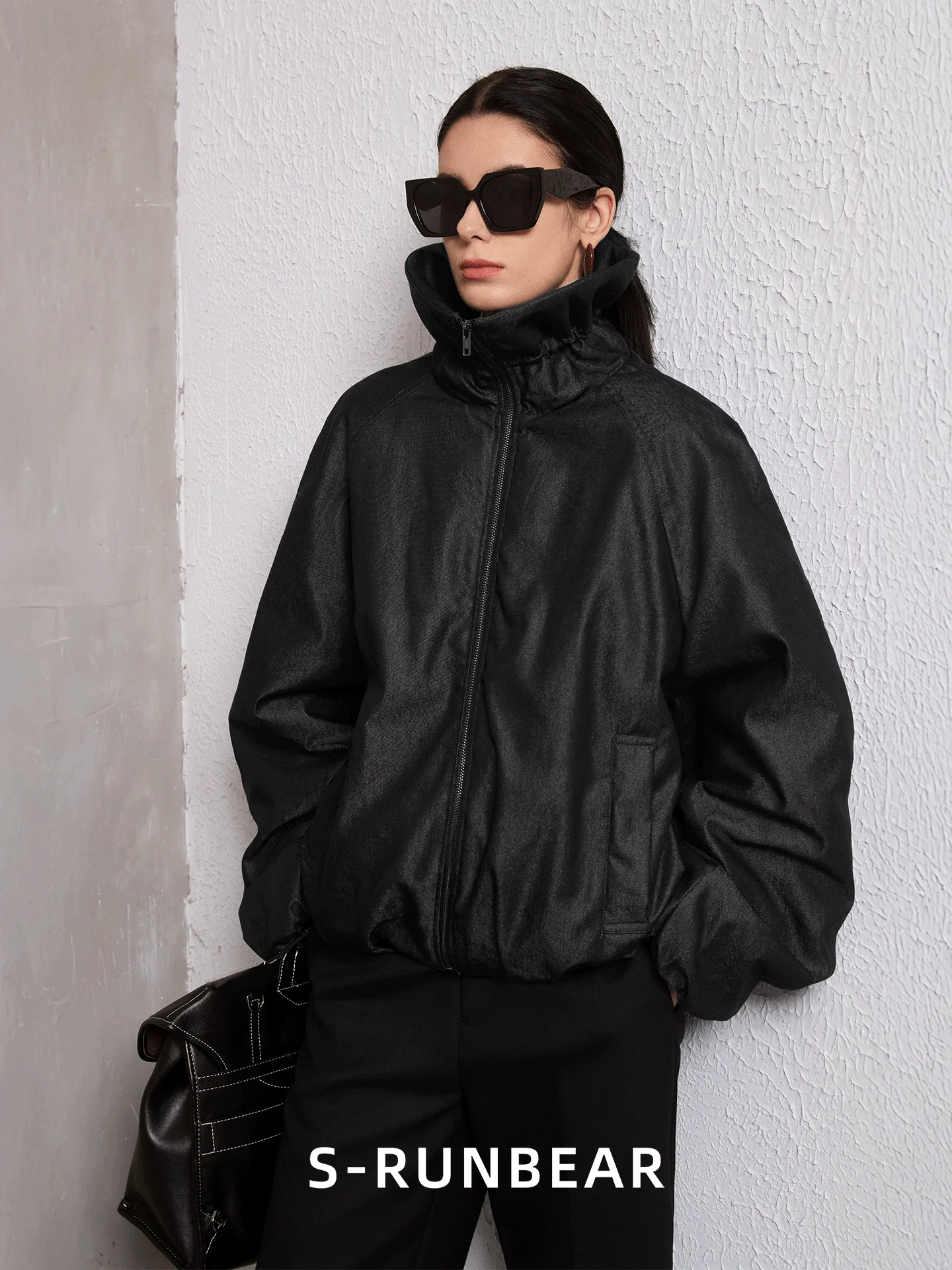 

SRUNBEAR Spring New Design Drawstring Jacket Stand Collar Minimalist Style Women's Short Outerwear Polyester Fiber Long Sleeve