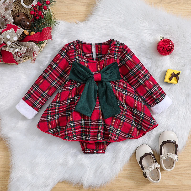 

BeQeuewll Infant Baby Girls For Fall Winter Christmas Romper Dress Plaid Print Long Sleeve Jumpsuit with Bow For 0-18 Months