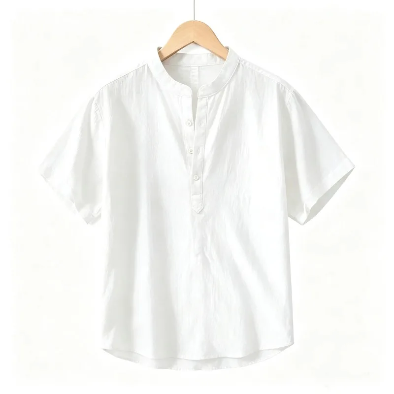 Men Cotton Linen Short-Sleeve Shirt with Stand Collar & Half-Button Placket - Casual Outdoor Leisure Wear for Spring and Summe view 3