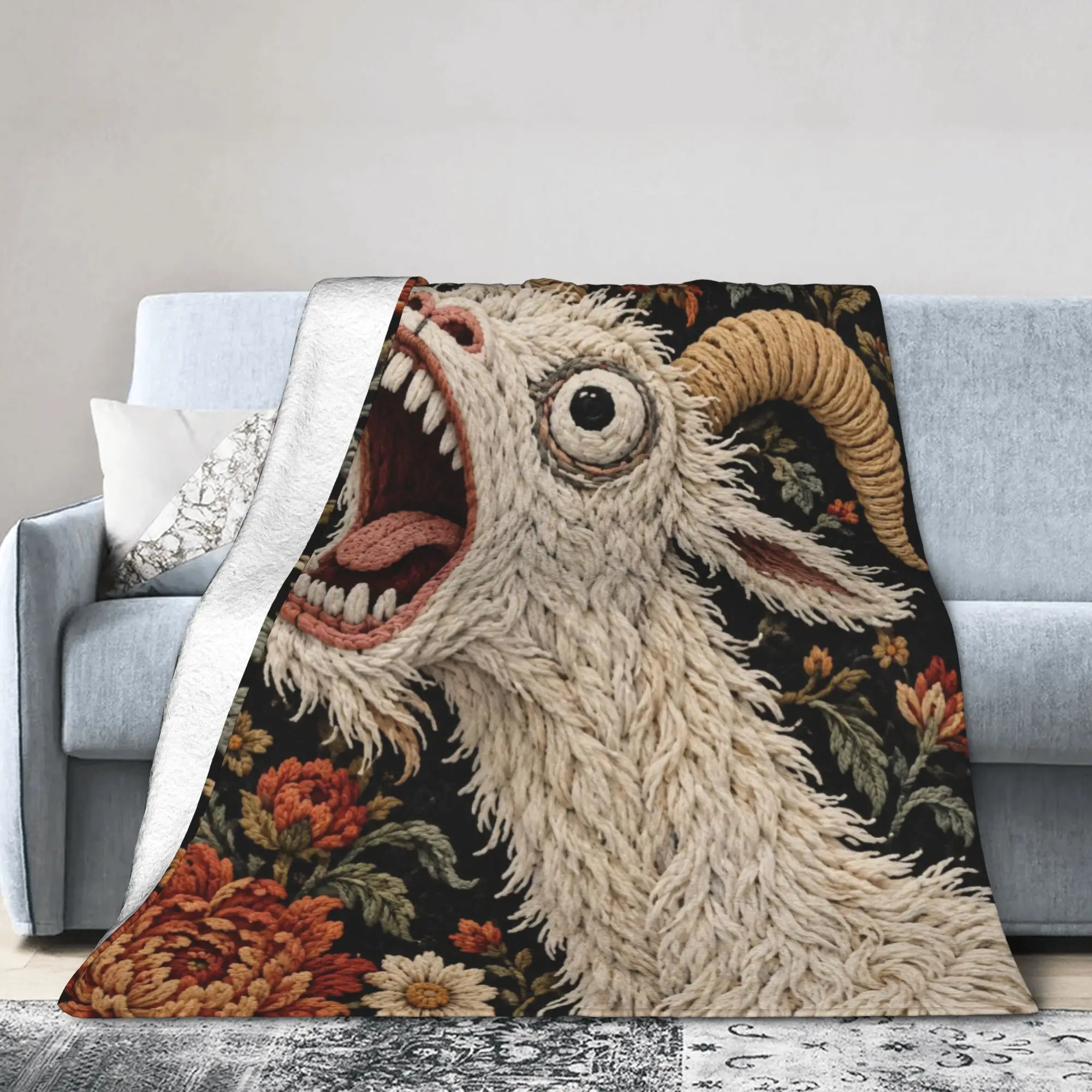 Screaming Goat Horror Gothic Floral Blankets Flannel Print Halloween Multi-function Thin Bedding Throw Blankets for Couch