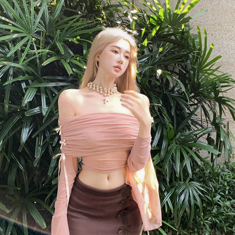 

MEXZT Y2K Pink Slash Neck T Shirt Women Streetwear Sexy Mesh Bow Sheer Crop Tops Summer Gyaru Aesthetic Long Sleeve Design Tops