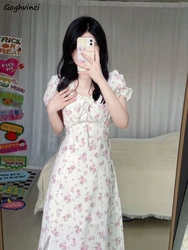 Short Sleeve Dresses Women Floral Mid-calf Drawstring Lovely Temperament Females Vintage Sweet Платье Женское High Waist Korean