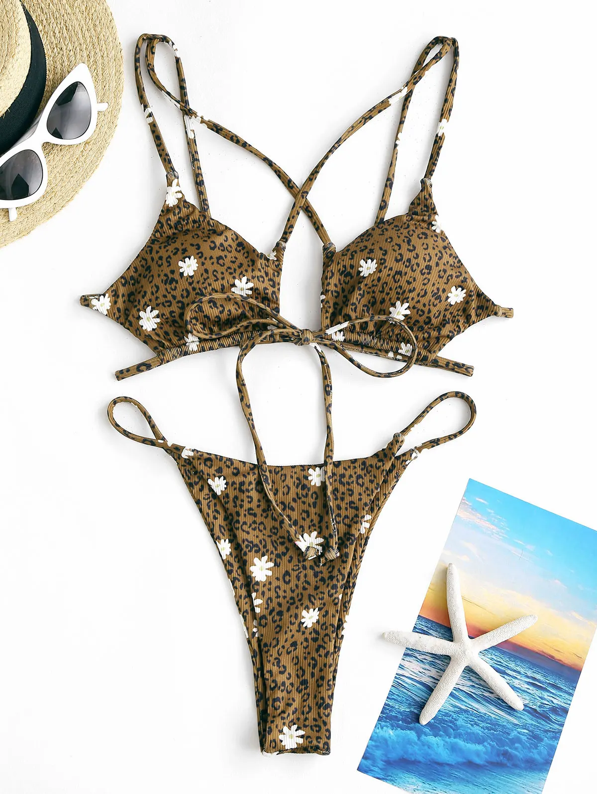 ZAFUL Leopard Daisy Criss Cross String Bikini Swimwear