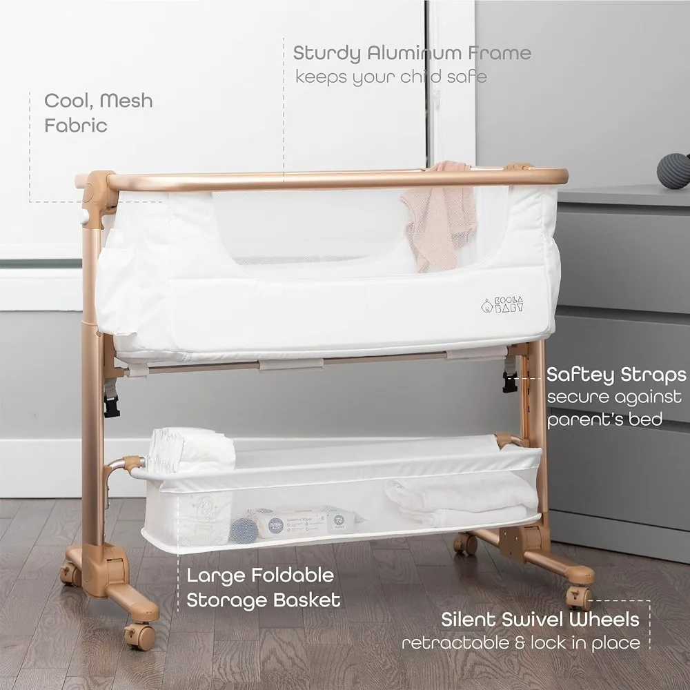 KoolerThings Baby Bassinet, Bedside Sleeper for Baby, Easy Folding Portable Crib with Storage Basket for Newborn, Bedside