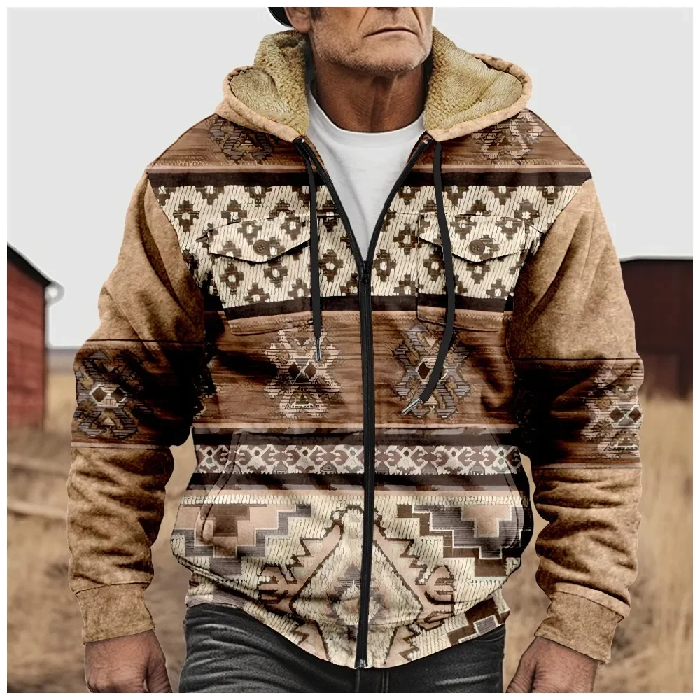 Men Winter Cardigans Jackets Coats Printed Western Aztec Geometric Art Graphics Plush Thick Hunting Streetwear Unisex Clothing