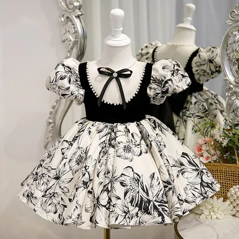 

High-End Flower Girls Evening Gown Bow Beading Design Vintage Spanish Children Birthday Party Dresses For Easter Eid