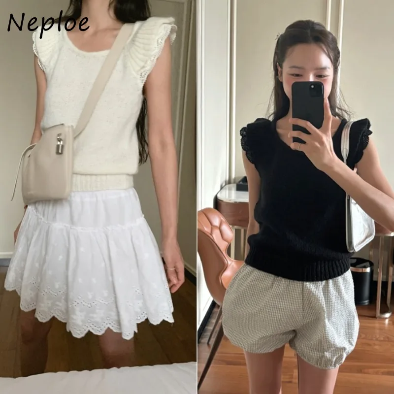 Neploe Chic Sweet Cute Double Layered Flying Sleeves Knitted T-Shirts Femme 2024 Autumn Japanese College Style Solid Color Tees