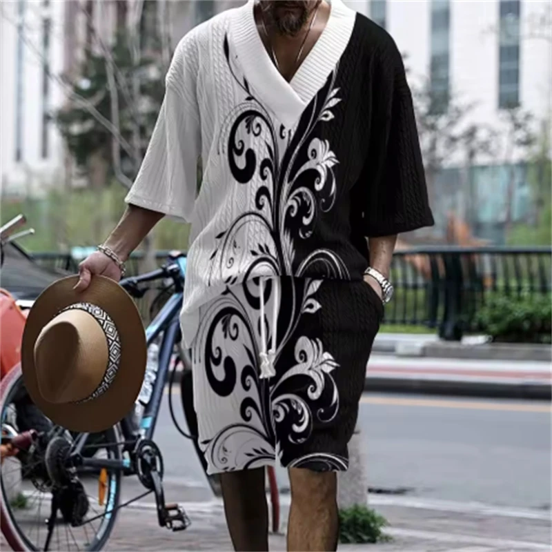 

Men's V-neck half-sleeved jacquard 2-piece set, a daily family gathering outfit, suitable for summer wear