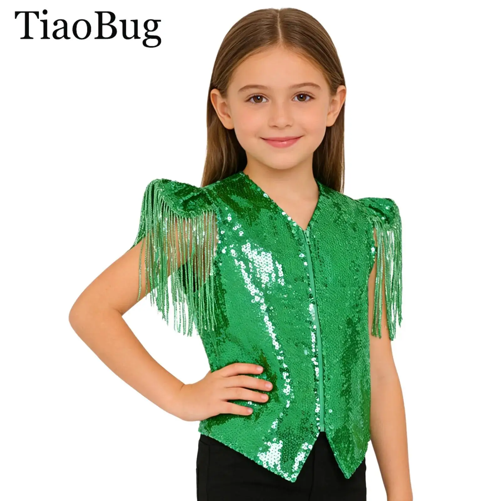 

Детский жилет для хип-хопа и джаза, для мальчиков и девочек, с пайетками, металлический, с бахромой, без рукавов, на молнии, куртка-топ для выступлений