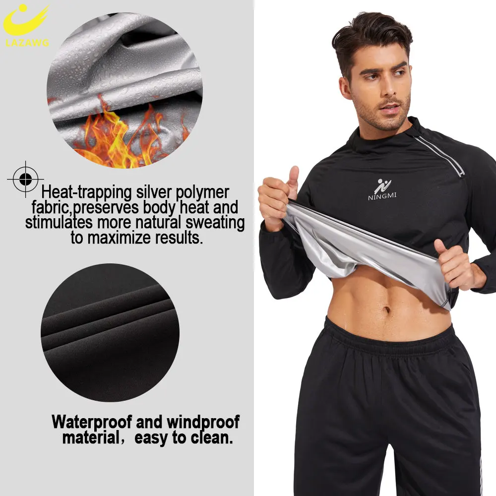 LAZAWG Sauna Top for Men Weight Loss Shirt Sweating Long Sleeves Thin Fat Burning Fitness Sportwear Slimming Gym Body Shaper