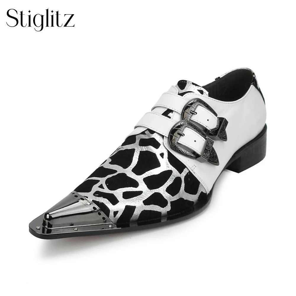 

Black Silver Leopard Print Metal Tip Shoes White Leather Men Shoes Metallic Buckle Leather Shoes Novelty Handmade Pointed Shoes