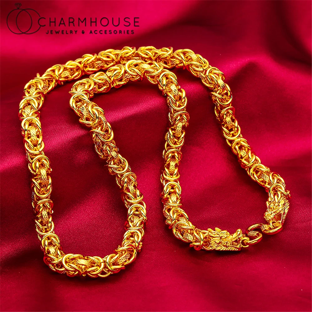 Mens Necklace 24K Yellow Gold Plated 8mm Dragon Chain Necklace 24inch Collar Male Jewelry Accessories Christmas Gifts Bijoux