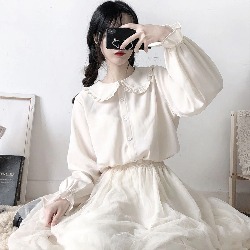 Casual Lolita Basic Solid White Shirt Loose Peter Pan Collar Long Sleeve Spring Summer Womens Tops And Blouse 2024 lace Shirt