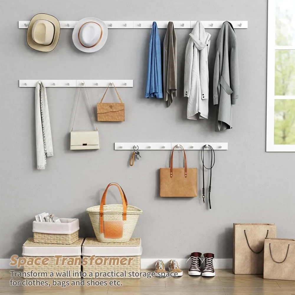 White Coat Hooks Wall Mount for Hanging 4 Pack, 16 Inch Wood Entryway Coat Rack Wall Mounted Heavy Duty, Modern Large Wall Hooks for Hats Kids Clothes Bags Purses Caps Closet - 16 Hooks view 4