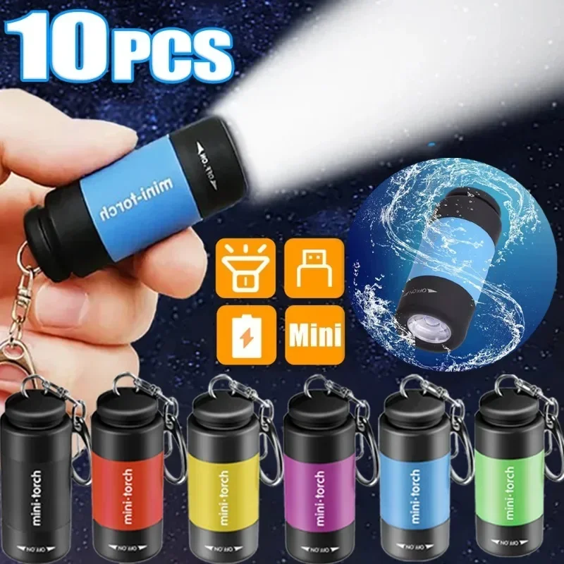 10/1 sztuk Mini latarka przenośna latarka z brelokiem USB wodoodporna latarka kieszonkowa LED Multicolor awaryjne światła kempingowe