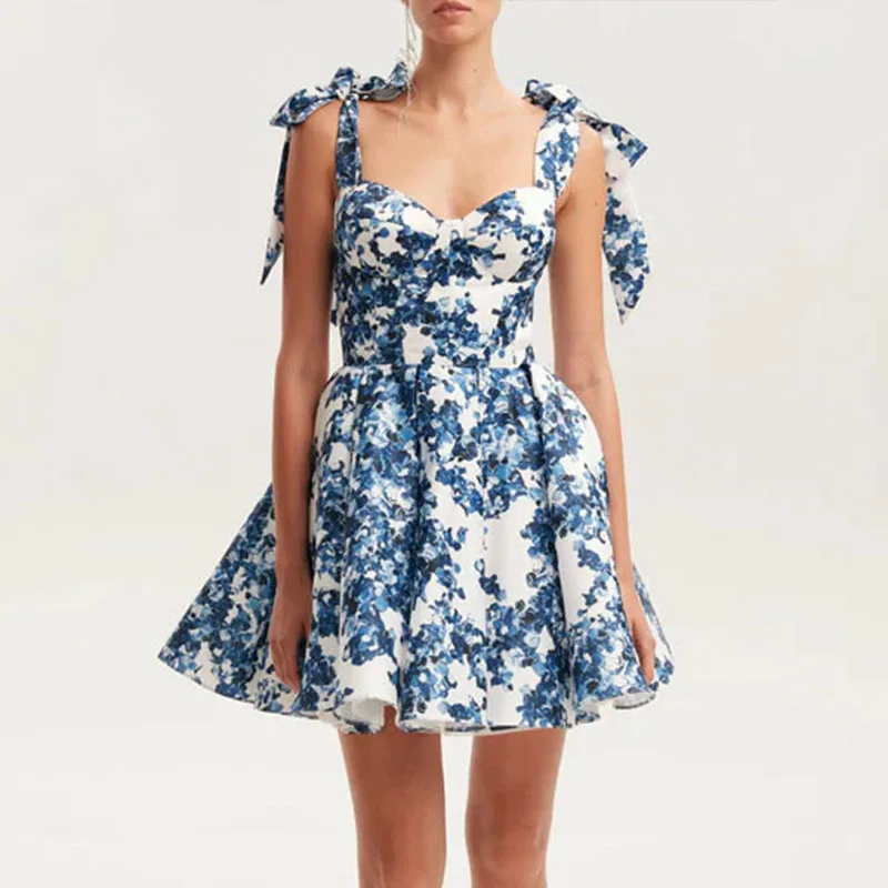 Casual boho feminino verão floral impressão mini vestido sexy arco sem costas sem mangas praia vestido de verão elegante noite vestidos de baile