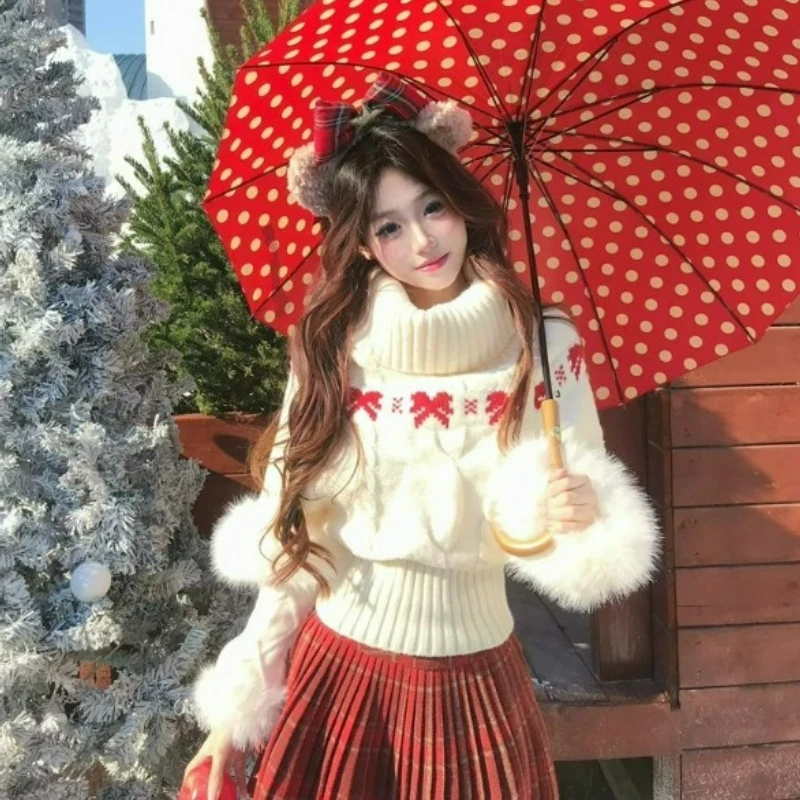 

Christmas New Year Red Sweater for Women New Style Fashionable Elegant One-shoulder Fur Collar + Sleeves 2026 Autumn/Winter