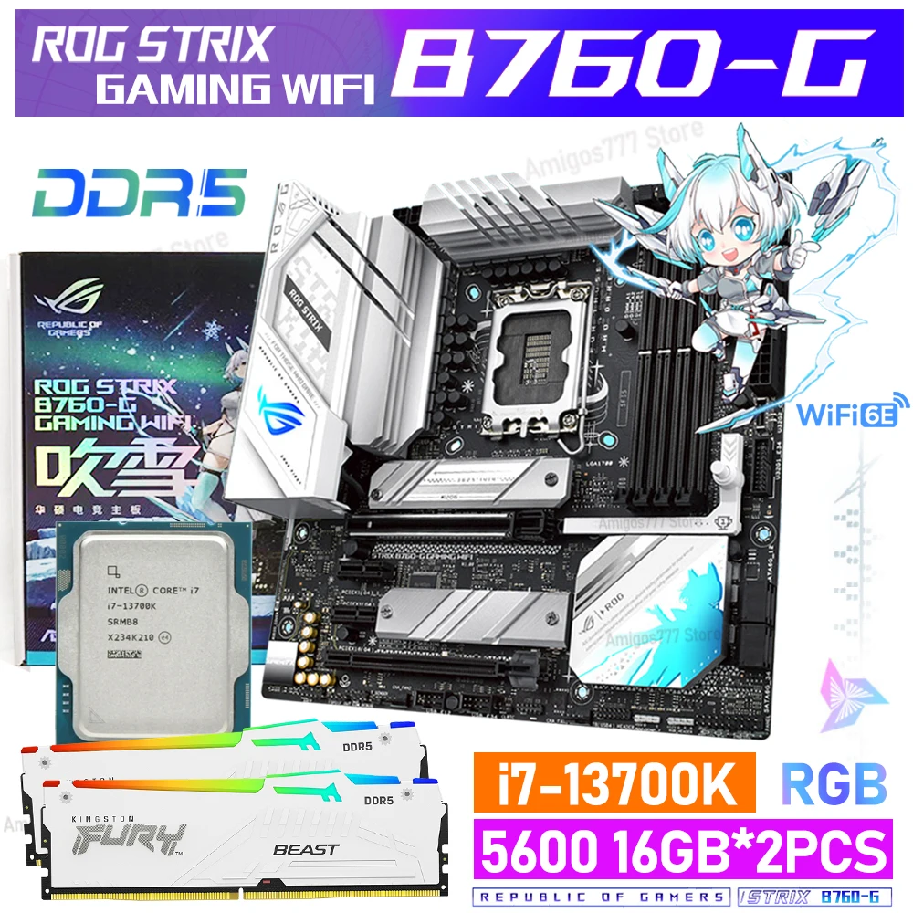 

LGA 1700 CPU i7 13700K With ASUS ROG STRIX B760-G GAMING WIFI 6E Motherboard RAM Suit With DDR5 White 5600MHz 32GB RGB Memoria