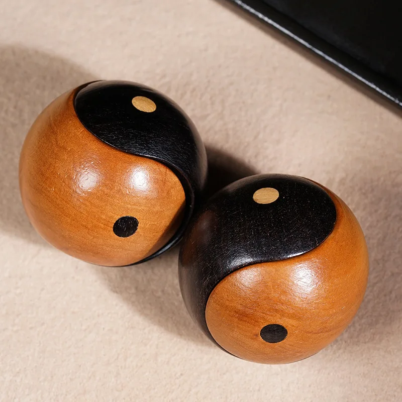 Magnetic Yin Yang Ebony And Jujube Wood Tai Chi Baoding Balls 4.5cm Set Of 2 Chinese Hand Exercise Stress Relief Fidget Decor